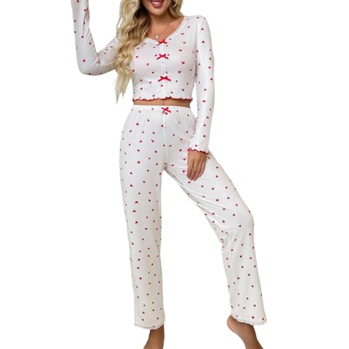 Image of Women 2 Piece Lounge Set Y2k Long Sleeve Square Neck Floral Tops+elastic Waist Long Pants Sleepwear Sets