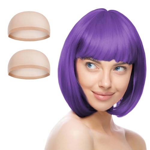 Aomig Short Bob Wig for Women 3 Pack Short Purple Bob Wigs Set with 2 Wig Caps Neon Fancy Dress Accessory Cosplay With Bangs Synthetic Straight for Daily Halloween Party