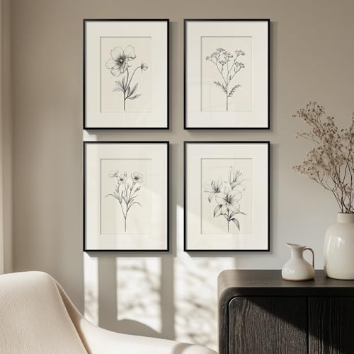 Framed Black and White Botanical Wall Art for Room Decor, 4 Piece...