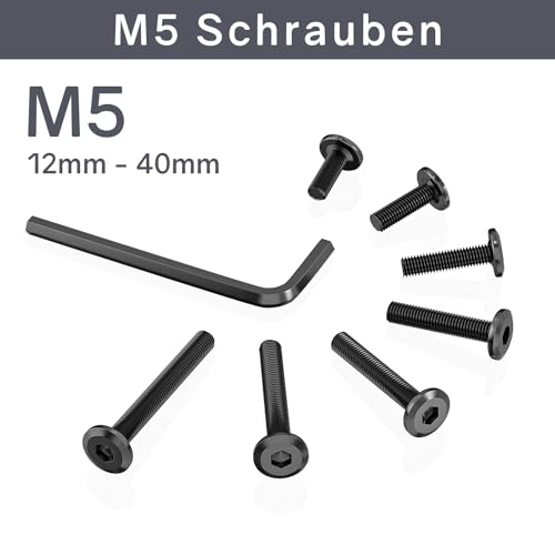 15 Stück Schrauben M5 x 16 mm, Flachkopfschrauben M5 Innensechskant Edelstahl A2 V2A Vollgewinde Schwarzes Oxid mit Innensechskantschlussel