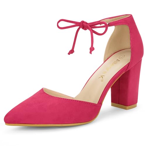 Allegra K Women Ankle Tie Chunky Heel Pointed Toe Dress Hot Pink Pumps 7 M US