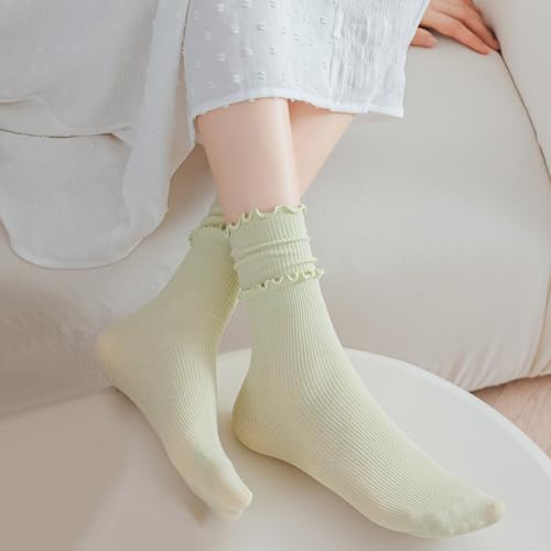 Image of zrylibya Women Cute Ruffle Frilly Socks Solid Candy Color Casual Rib Knit Crew Socks 4 Pairs (Black,White,Purple,Green)