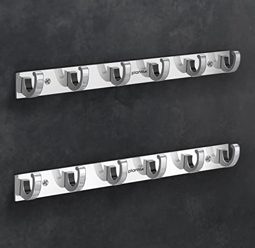 Image of Plantex Aluminum Over The Door Hook Hanger /Hook Rail with 6 Hooks for Walls of Bathroom /Kitchen - Hook Rail for Bathroom - Pack of 2 (6 Pin, Chrome)
