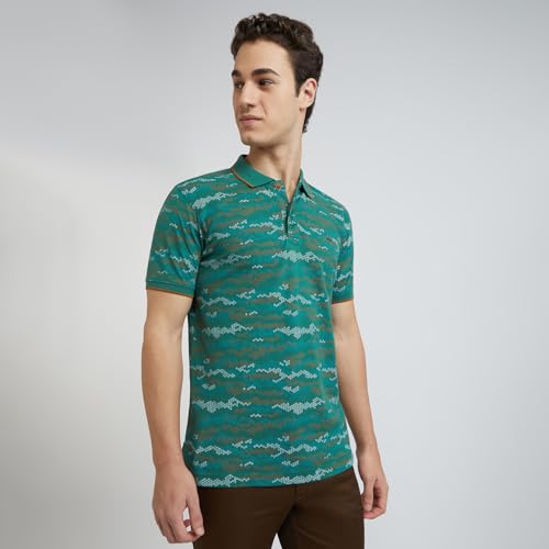 Image of Colorplus Men's Regular Fit Print Pattern Pure Cotton Half Sleeve Polo Neck Casual T-Shirt