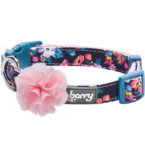 Blueberry Pet Made Well Elegant Floral Print Adjustable Dog Collar in Sleek Black with Pink Artificial Silk Flower, Small, Neck 12