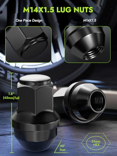 Image of AUTOPTIM M14x1.5 Lug Nuts - Replacement for 2015-2022 Ford F150, Expedition, 2015-2020 Lincoln Navigator, OEM Factory Style, Black 21mm Hex 1.8 inch Tall, One Piece Closed End Wheel Lug Nuts (24pcs)