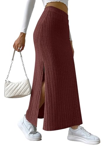 Rooscier Women's Side Slit Ribbed Knit Bodycon High Waisted Casual Long Skirts3