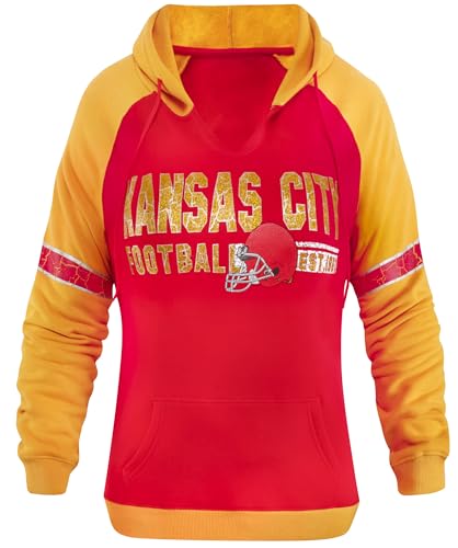 Womens Football City Fans V Neck Raglan Vintage Athletic Hoodies Pullovers Fleece Sweatshirts - Red & Yellow - 3X-Large