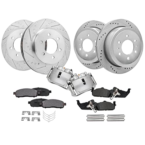 Image of Detroit Axle - 4WD Brake Kit for 2005-2008 F-150 Lincoln Mark LT [6-Lug] Front & Rear Drilled & Slotted Brake Rotors Ceramic Brakes Pads Front Brake Calipers 2006 2007 Replacement