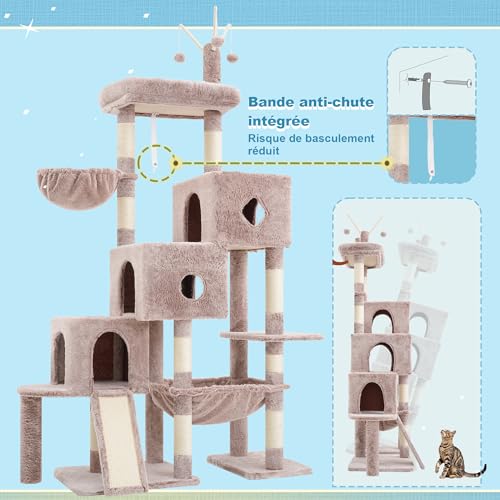 Hey-brother Kratzbaum, Stufiger Katzenbaum für Großkatze, mit 3 Katzenbetten, großer Hängematte, liegefläche und Sisalkratzbrett – großes internes Katzenmöbel, 160 cm Hoch, Beige-Braun EMPJ081MU – vue 9
