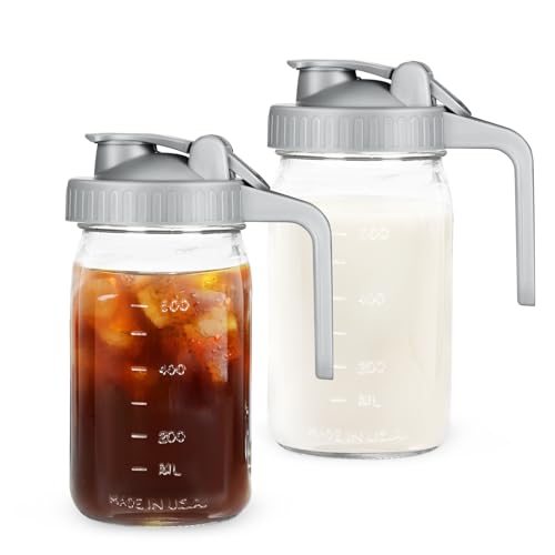 Image of Creamer Pitcher Jar with Lid - 2Pack No Leak 32oz Airtight Mason Jar with Pour Spout Lid, Classic Wide Mouth Jar Easy to Clean, Ideal for Coffee, Breastmilk, Iced & Sun Tea, Juices