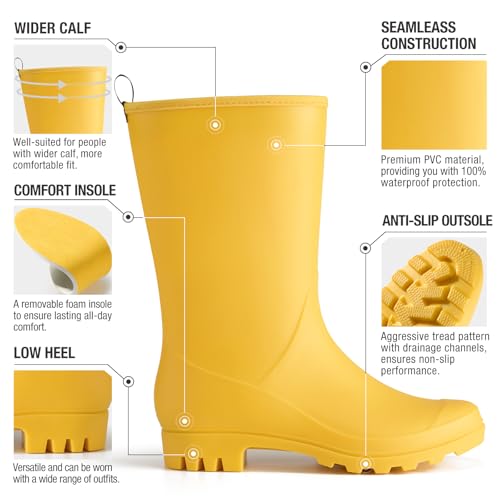 Image of HISEA Women Rubber Boots Wide Calf Rain Boots Matte Surface Waterproof PVC Rubber Rain Boot Mid Height Rain Shoes for Outdoor Gardening Work Walking