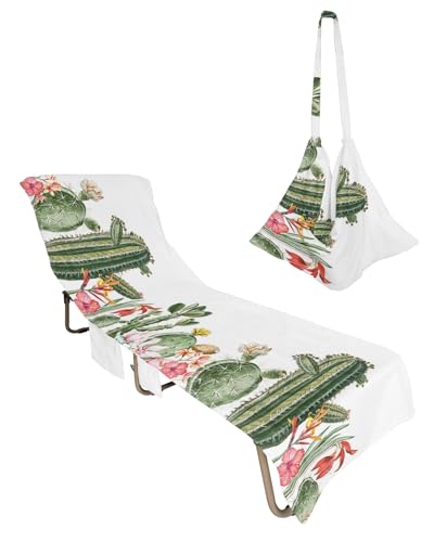 Cactus Beach Lounge Chair Towel Cover, Soft Chaise Lounge Towel with Side Pockets Patio Pool Chairs Cover for Beach/Pool Sunbathing 29x85 Summer Tropical Plants Pastoral Botanical Flowers