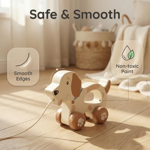 Image of Baby Toys Car,Wooden Pull Along Toddler Toy, Developmental Toy for 1 Year Old Girl Boy Birthday Gift (Cute Dog)