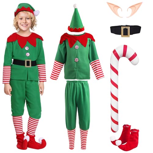 LYPPUL Costume Elfo per Bambini, Costume da elfo Natalizio, Natale Set Famiglia Costumi con Cappello da Elfo, Orecchie da Elfo, Stampella Gonfiabile, Accessori per Feste, Carnevale （150cm）