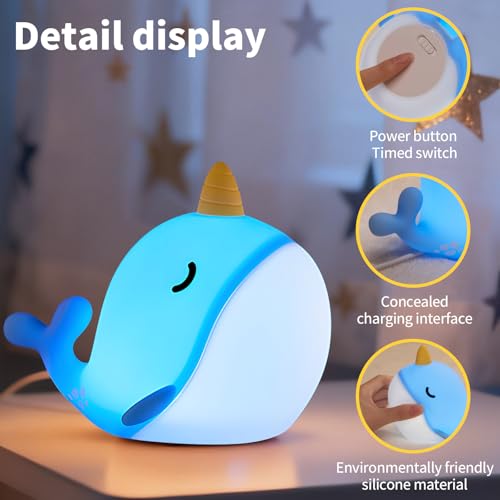 Image of Narwhal Night Light, USB-C Rechargeable Silicone Lamp with Tap Control, 3-Level Dimming & 30-Min Auto Timer, 7-Color Changing Squishy Nursery Light, Birthday Gift for Kids