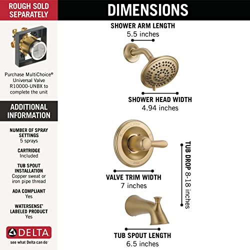 Delta Faucet Lahara 14 Series Single-Handle Tub And Shower Trim Kit, Shower Faucet With 5-Spray Touch-Clean Shower Head, Champagne Bronze T14438-Cz (Valve Not Included) #TOP3