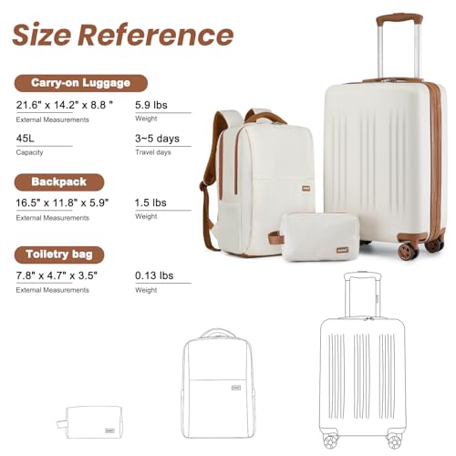 Kono Luggage Sets 3 Piece Expandable Carry On Travel Luggage 20 Inch TSA Lock Spinner Wheels Hardshell Suitcase Set(Cream White,3 Piece Set)