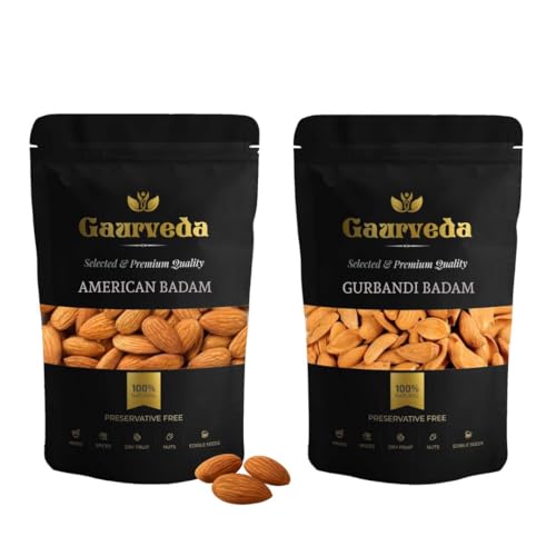 Image of GAURVEDA Almond Combo: American & Gurbandi Badam - Nuts for Energy, Immunity & Healthy Snacking | Fresh, Natural & Delicious | 100 Grams