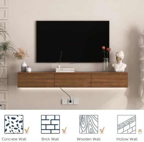 Ferand Floating TV Stand Wall Mounted – 67" Modern LED Entertainment Center with 16 Color Lights & Storage Shelves for 55/60/65 Inch TVs – Wall Mounted TV Cabinet with Cable Management