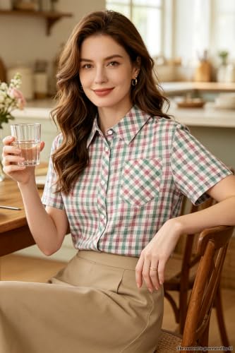 Image of SANGTREE Girls Women Plaid Shirt Short Sleeve Button Down Summer Blouses