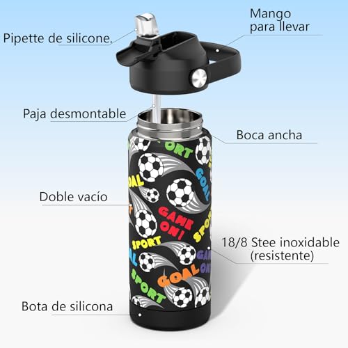 Miniatura 4 de Ntswasd Botella De Agua Aislada Para Niños Con Pajita,550 Ml,Taza Infantil De Acero Inoxidable,A Prueba De Fugas-Sin Bpa,Para La Escuela Fútbol