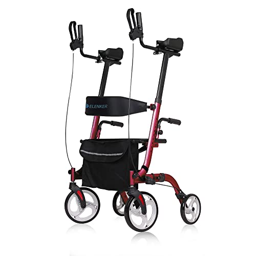 Creative Product ELENKER Upright Rollator Walker, Stand Up Folding Rollator Walker Back Erect Rolling Mobility Walking Aid with Seat, Padded Armrests for Seniors and Adults, Red