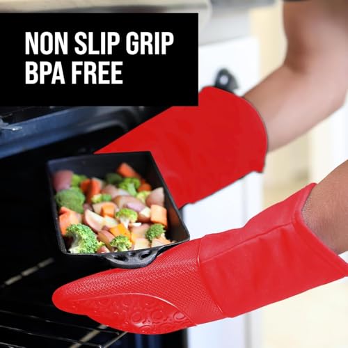 Image of BPA-Free Silicone Oven Mitts Ultra Heat Resistant up to 500F - Oven Mitts with Thick Cotton Liner - Long Slip Resistant Pot Holders, Flexible Oven Gloves - Canyon Red 13.7