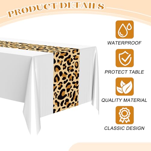Image of Buryeah Leopard Print Tablecloth 54 x 108'' Leopard Plastic Table Cover Disposable Safari Animal Cheetah Print Party Decorations for Baby Shower Wedding Birthday Party Favors(White,3 Pcs)