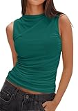 ZESICA Womens Mesh Tank Top Summer Sleeveless High Neck Ruched Slim Fitted Casual Tee Shirts,TealGreen,Small