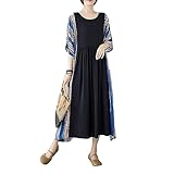 [ＹＵＮＨＥＮ] リゾートワンピース レディース 体型カバー 花柄 ワンピース マキシ丈 コットン マキシワンピース 大きいサイズ ロングワンピース 夏 ボヘミアン 旅行 リネン (Free Sizeブルー)