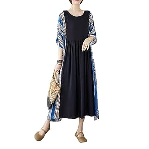 [ＹＵＮＨＥＮ] リゾートワンピース レディース 体型カバー 花柄 ワンピース マキシ丈 コットン マキシワンピース 大きいサイズ ロングワンピース 夏 ボヘミアン 旅行 リネン (Free Sizeブルー)" 