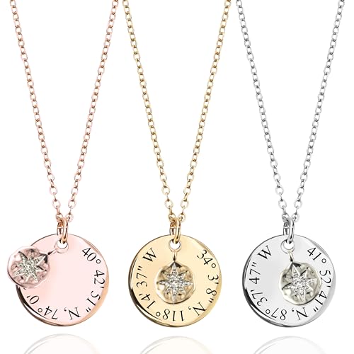 MignonandMignon Custom Coordinates Necklace, Personalized North Star Pendant, Compass Latitude Longitude Jewelry, Graduation, Gifts for Mom or Her – LCN-DC