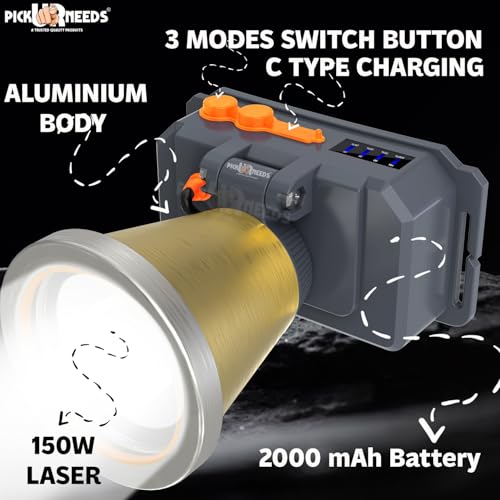Image of Pick Ur Needs 150 Watt Laser Rechargeable Head Lamp 3 LED Mode Aluminum Body 2000mAh Battery Head Torch /Headlamp for Camping (Gold)