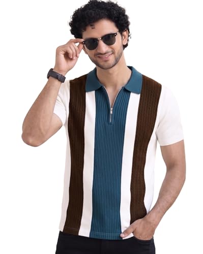 Image of AUSK Men's Zip Collar Polo Tshirt | Cotton Rich Material | Half Sleeves | Modern Knit Panel Work | Regular Fit