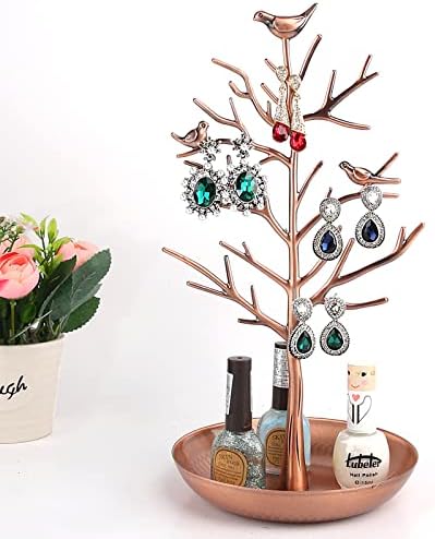 Jewellery Stand, Tree Jewellery Display Stand, Earring Holder Ring Display Vintage Birds Tree Necklace Organizer, Fixings Included (Bronze)