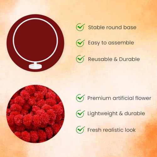 Image of SpecialYou Ganpati Decoration Setup for Home with Round Backdrop Stand, 4 Marigold Garlands & 3 Bell Latkans for Decor | Ganpati Decoration Stand for Home | Ganapati Decorations Item (Red, 8)