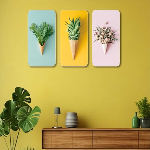 Image of SAF Ice Cream Cone Botanical Wall Painting - 3 Panel Modern Art with Plants, Pineapple & Flowers | Colorful MDF Board Wall Decor with Golden Frame for Living Room & Bedroom (20 X 35 Inch) SG-53