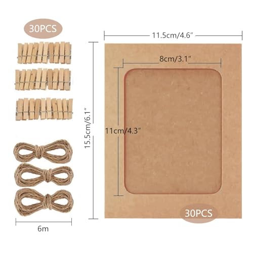 Miniatura 2 de Apkol 30 Piezas Marco De Fotos De Papel Kraft, 15,2 X 11,5 Cm Marco Para Colgar En Pared, Marco De Fotos De Papel De Bricolaje Con 6m Cuerda 30clips Para Decoración Del Hogar Marrón