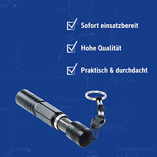 MAUL LED-Taschenlampe MAULjuno – kompakte und outdoor-taugliche LED Taschenlampe inkl. Anhänger – kleine Stabtaschenlampe mit langer Leuchtdauer und Spritzwasserschutz (IPX4) – schwarz