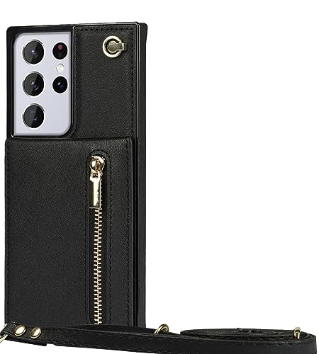 Étui portefeuille en cuir noir chic pour Samsung S22 Ultra et Note 20 avec zip