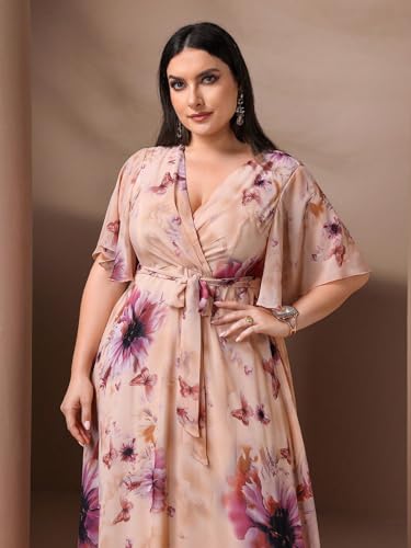 Image of Spring Summer 2024 Plus Size Womens Dresses V Neck Casual Elegant Long Sleeve Floral Print Maxi Dress