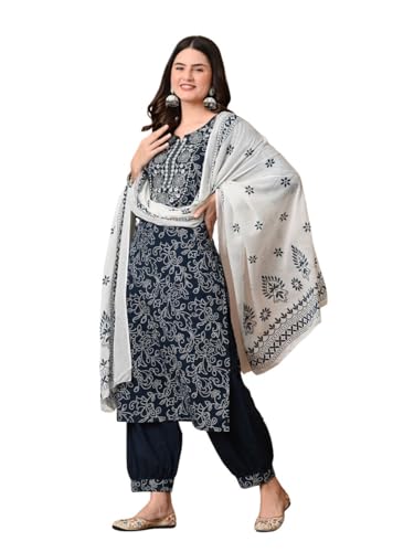 Image of Amazon Brand - Tavasya Women Cotton Anarkali Kurta Pant Dupatta Set | Printed Ethnic Suit Set | Flared Anarkali Kurta with Pant & Dupatta | Festive & Casual Wear