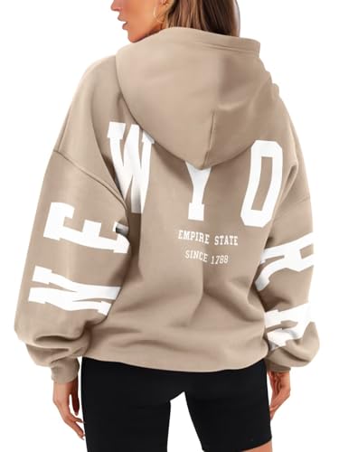 ORANDESIGNE Womens Letter Print Hoodies Fleece Graphic Sweatshirts Long Sleeve Pullover Sweaters with Pocket NEW YORK Khaki XX-Large