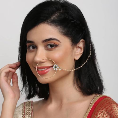 Image of Suhana Goldon Plated Traditional Ethnic Bridal Nose Ring /Nath without piercing with Pearl Chain Encased with Stone for Women /Girls (Nose Ring Diameter - 5)
