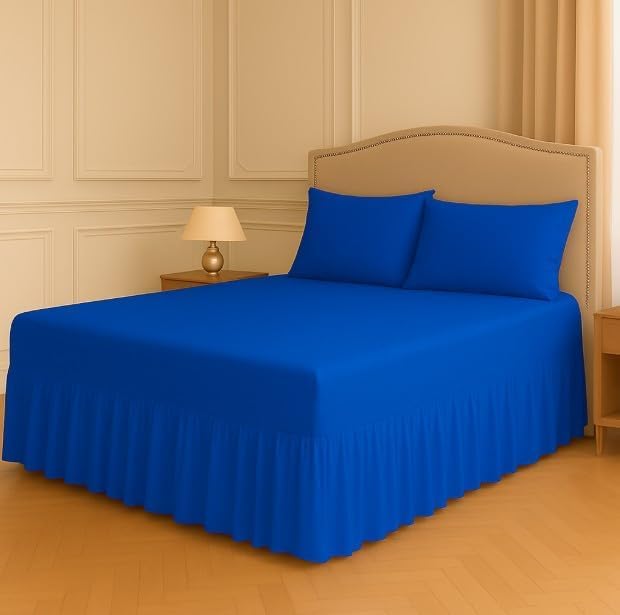 Polycotton Fitted Valance Sheet - Bed Skirt 25cm Deep with 30cm All-Around Frill - Soft Easy Care Wrinkle Resistant Base Cover - Secure Fit Bedding Valance (Royal Blue, Pillowcases Pair)