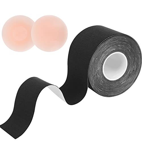 TOMEEK Klebe BH Push Up Boob Tape Rückenfrei Trägerloser BH 5M Klebeband Breast BH Mit 2 Wiederverwendbare Unsichtbar Silikon Brüste Nippelpads für Abendkleider, Schwarz, Größe 6CM*5M Cover