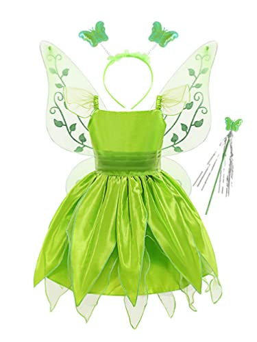 TiaoBug Enfant Fille Costume Fée Clochette Déguisement Halloween Noël Carnaval Cosplay Papillon Elfe Robe Princesse Aile Serre-tête Baguette Magique Vert...