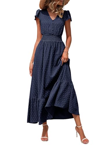 Image of CzzzyL Women Nursing Boho Maxi Dresses Cap Short Sleeve V Neck Swiss Dot High Waisted A-Line Ruffle Tiered with Pockets