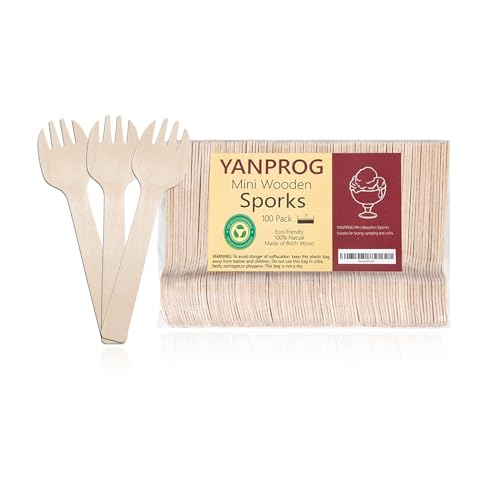 YANPROG Mini Wooden Sporks Disposable 4" Small Wooden Fork Spoon 100 Pcs Biodegradable Compostable Birchwood Mini Forks for Parties, Weddings, Camping